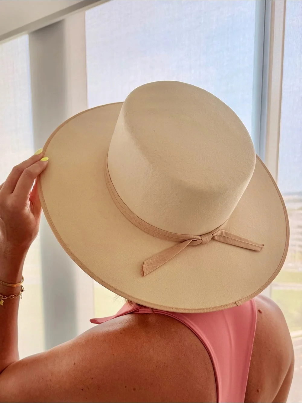 Lack Of Color Wide-Brim Rancher Boater Felt Hat in Cream with Ribbon